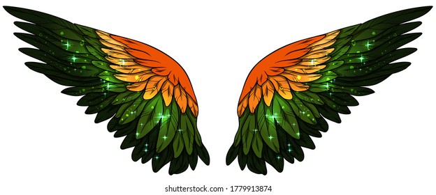 Beautiful magic glittery orange green yellow vector wings
