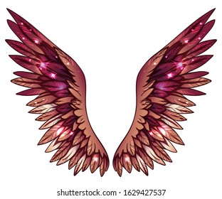 Beautiful magic glittery orange red phoenix wings, hand drawn vector