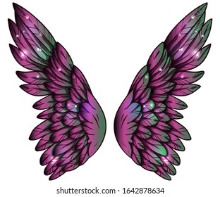 Beautiful magic glittery pink green gradient wings, hand drawn vector