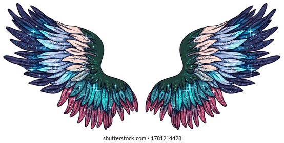 Beautiful magic glittery pink violet green vector wings