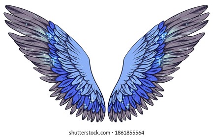 Beautiful magic glittery shiny blue grey wings, vector