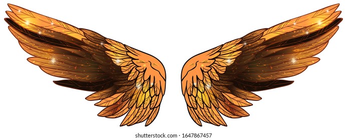 Beautiful magic glittery shiny golden brown wings, hand drawn vector