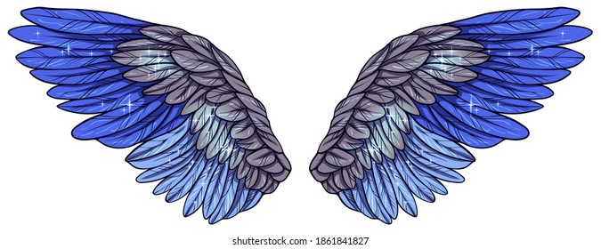 Beautiful magic glittery shiny grey blue wings, vector