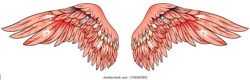 Beautiful magic glittery shiny salmon pink angelic vector wings