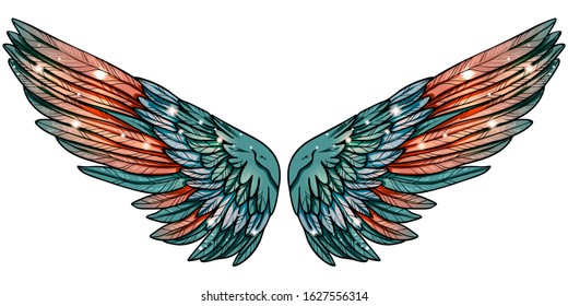 Beautiful magic glittery sparkling green orange wings, hand drawn vector