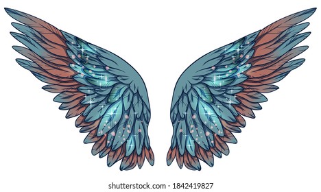 Beautiful magic glittery turquoise pink vector wings