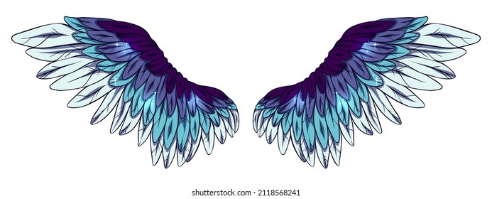 Beautiful magic glittery violet blue angel wings, color vector illustration