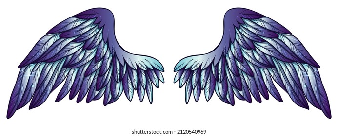 Beautiful magic glittery violet blue angel wings, color vector illustration