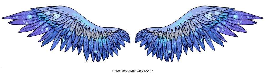 Beautiful magic glowing blue wings, hand drawn vector