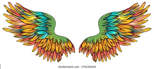 Beautiful magic glowing bright yellow orange pink turquoise green wings, available for wall backgrounds of kids carperts