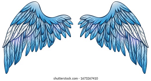 Beautiful magic glowing delicate gradient blue white vector wings