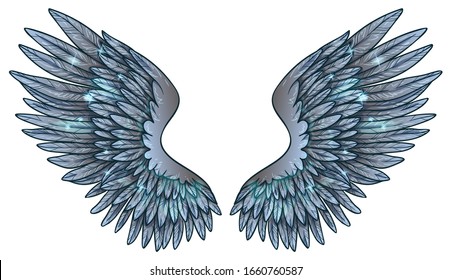 Beautiful magic glowing glittery blue wings, vector