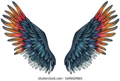 Beautiful magic glowing glittery blue orange pink vector wings