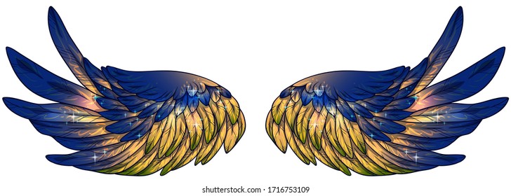 Beautiful magic glowing glittery bright blue yellow vector wings