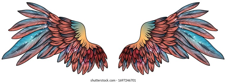 Beautiful magic glowing glittery gradient orange turquoise wings, vector