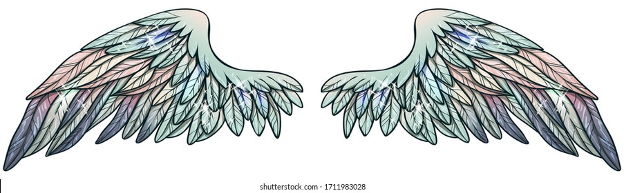 Beautiful magic glowing glittery shiny angel green blue pink vector wings