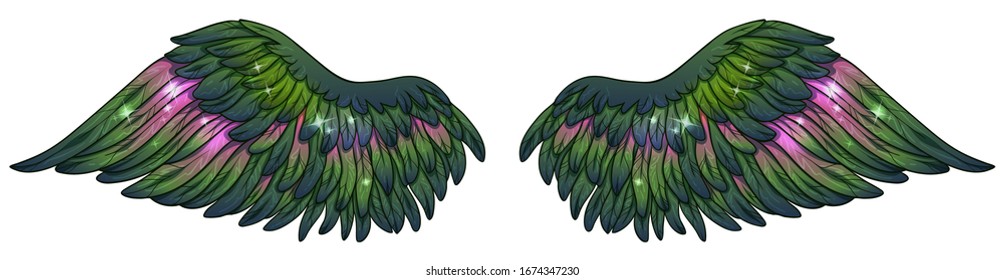 Beautiful magic glowing gradient green wings with some pink feathers, vector