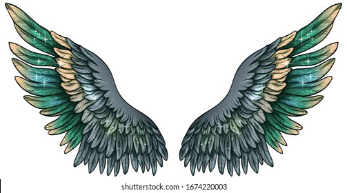 Beautiful magic glowing gradient grey wings with some green and yellow feathers, vector