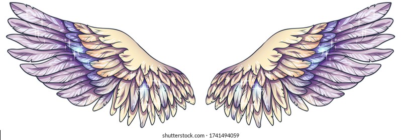 Beautiful magic glowing light tender yellow violet angel wings, vector