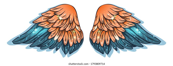 Beautiful magic glowing orange blue angel wings, vector