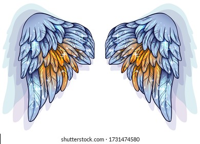 Beautiful magic glowing shiny blue yellow angel wings, vector