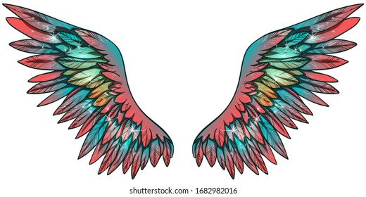 Beautiful magic glowing shiny glittery gradient pink turquoise vector wings