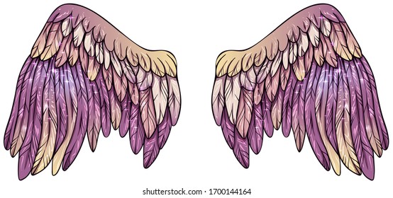 Beautiful magic glowing shiny purple pink yellow wings, vector