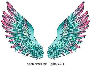 Beautiful magic glowing shiny turquoise vector wings