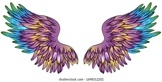 Beautiful magic glowing shiny violet green blue yellow vector wings 0420