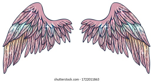 Beautiful magic glowing soft angel pink wings and turquoise   yeloow colors  vector