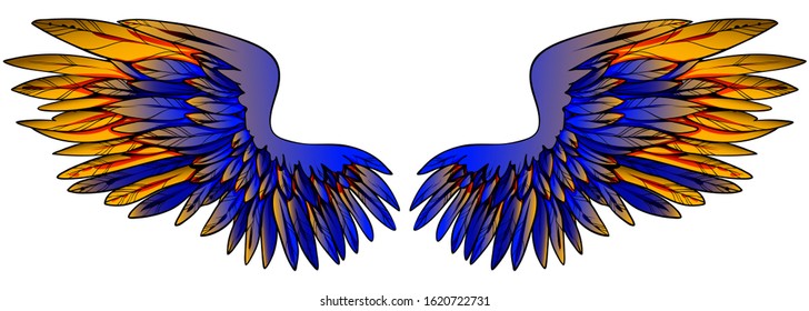 Beautiful magic glwing gradient blue golden wings, hand drawn vector