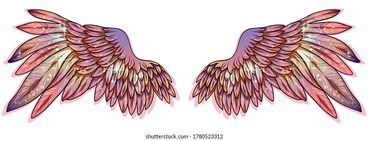 Beautiful magic gradient glittery pink blue yellow vector angel wings