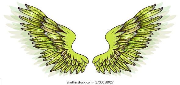 Beautiful magic green blue brown angel wings with some glitter, vector