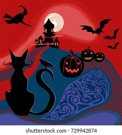 beautiful and magic Halloween doodle cartoon poster, with cat, crow, pumpkins, bat, house the magician,moon and ornaments. for invitation card for Halloween, background or other prints.