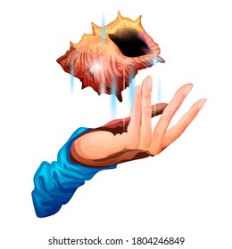Beautiful magic hand in a blue sleeve with the help of magic holds a sea shell in the air. Cartoon vector illustration isolated. Sticker, symbol, icon for your design. White background