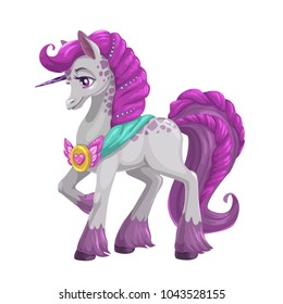 Beautiful magic horse with long purple hail. Cute cartoon unicorn icon, vector fantasy illustration. Isolated pony on white background.