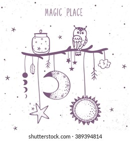 Beautiful magic illustration of moon, sun, star and owl on a branch. Vector illustration
