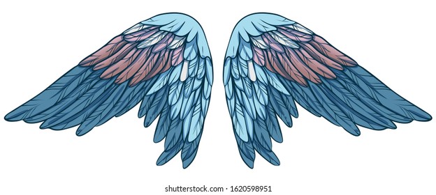 Beautiful magic light blue pink wings, hand drawn vector