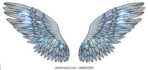 Beautiful magic light fragile glowing shiny blue beige wings, vector