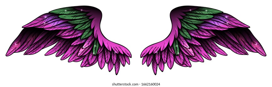 Beautiful magic magenta fuchsia glowing wings, vector