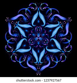 Beautiful Magic mandala. Abstract fractal background with a mandala made of luminous lines on a dark background. Oriental pattern, vector illustration. Mysterious relaxation pattern. Yoga template.