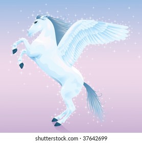 Beautiful magic pegasus rising up on his hind legs.