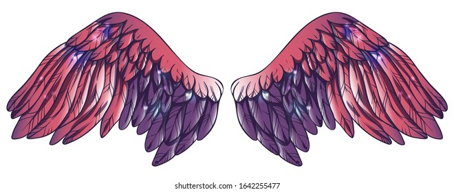 Beautiful magic pink violet glitteru shiny wings, hand drawn vector