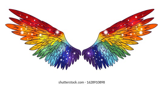 Beautiful magic rainbow colorful glittery shining wings, hand drawn vector