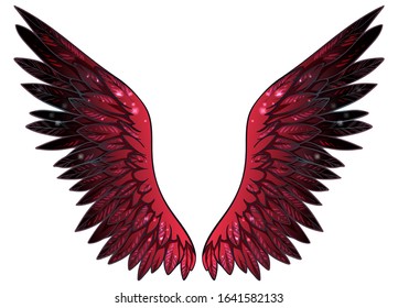 Beautiful magic red black shiny glittery wings, hand drawn vector