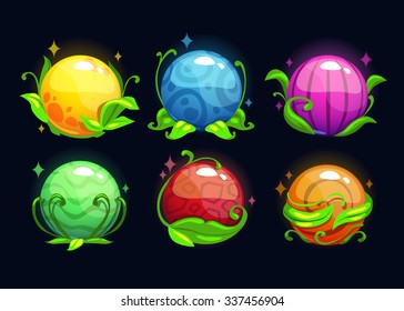 Beautiful magic round plants set, vector fantasy fruits icons