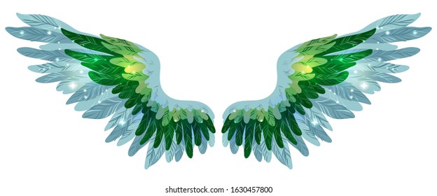 Beautiful magic shining glittery green blue wings, no lines vector