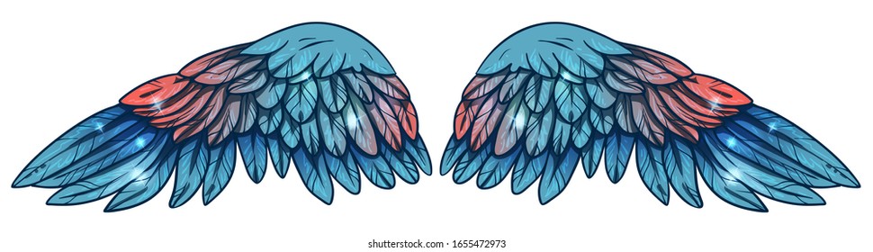Beautiful magic shiny blue wings with pink feathers, vector
