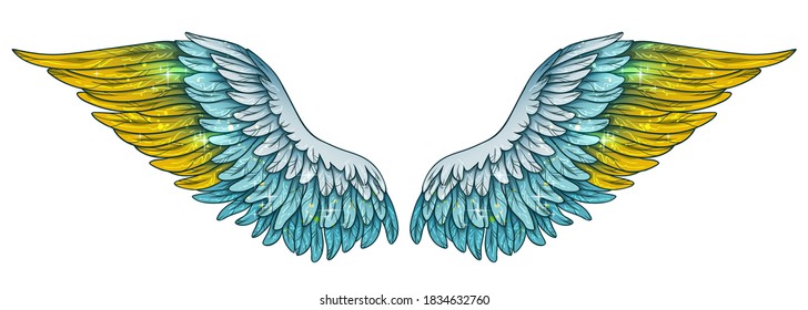 Beautiful magic shiny blue yellow vector wings