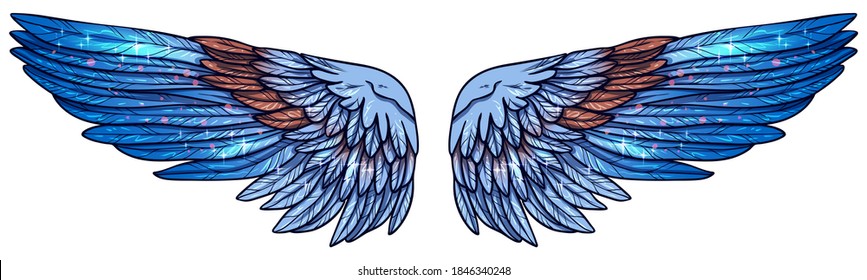 Beautiful magic shiny bright blue wings with terracota feathers, vector